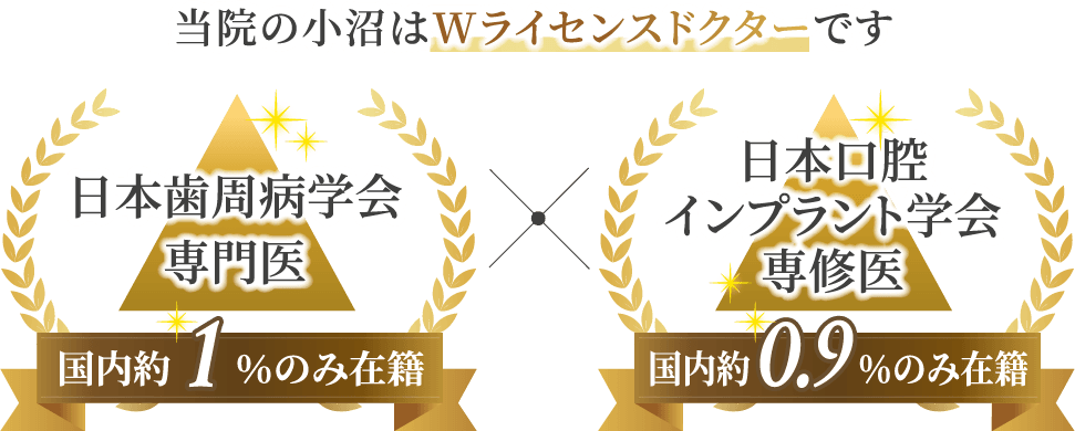 当院の小沼はダブルライセンスドクターです。日本歯周病学会専門医×日本口腔インプラント学会専修医